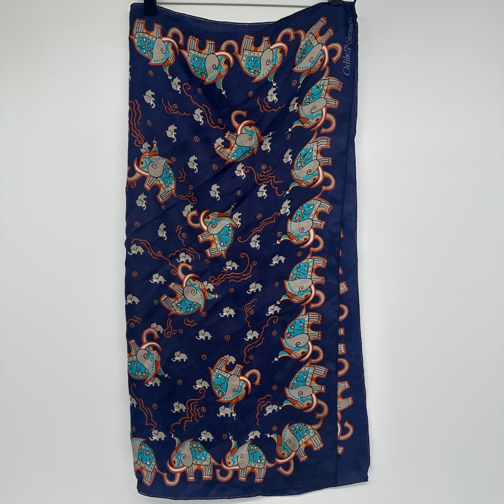 Vtg Odile St Germain Silk Scarf Navy Blue Elephant Print Designer Square 30" - Picture 2 of 3